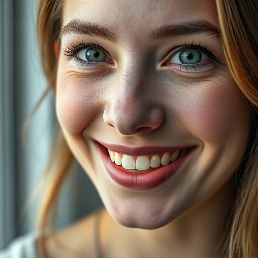 Een close-up portret van een lachende vrouw in natuurlijk licht.