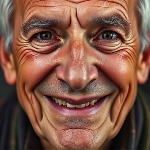 Een close-up portret van een oudere man met diepe rimpels en een warme glimlach, die levenswijsheid en karakter uitstraalt.