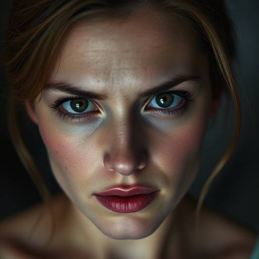 Een expressieve headshot van een actrice die emotie toont door haar intense blik en subtiele gezichtsuitdrukkingen.