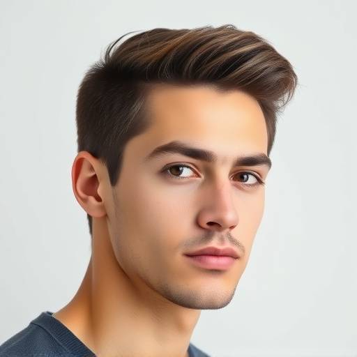 Een headshot van een jonge, zelfverzekerde man met een stoïcijnse blik en keurig verzorgd haar, geschikt voor zakelijke profielen.