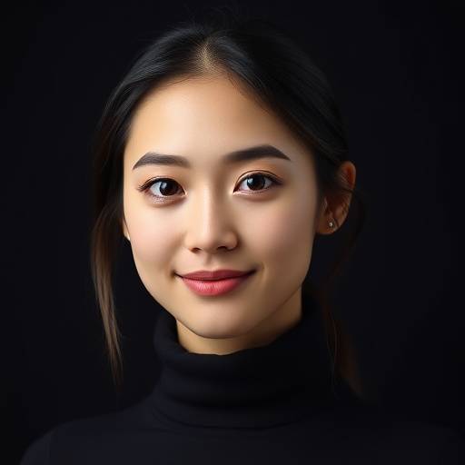 Een professionele actor headshot van een jonge vrouw met een lichte glimlach, gekleed in een zwarte coltrui tegen een donkere achtergrond.