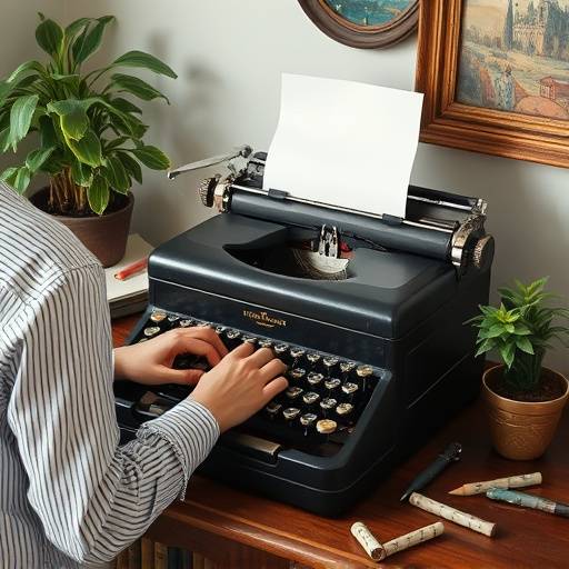 Een sfeervol portret van een schrijver achter een oude typemachine, omringd door boeken en gedimd licht, wat een intellectuele en contemplatieve sfeer creëert.