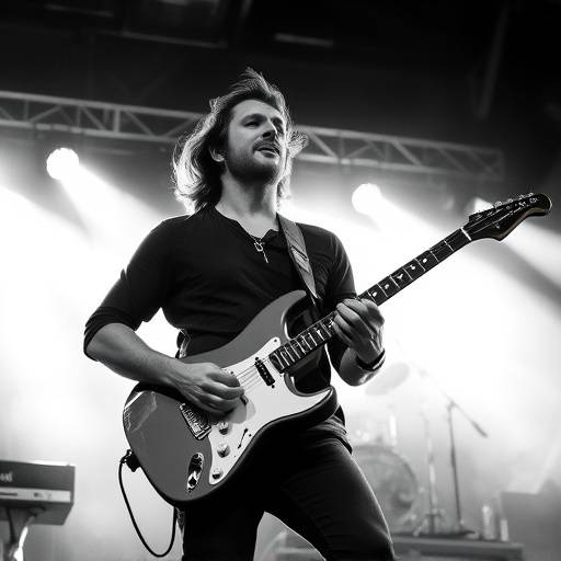 Een zwart-wit portret van een muzikant met een gitaar, die passie en toewijding uitstraalt tijdens zijn optreden.