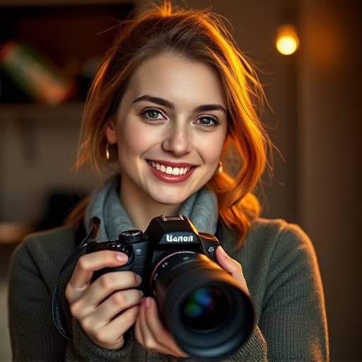 Portret van Emma de Vries, de hoofdfotograaf van Lichtspiegel Fotografie, een jonge vrouw met een warme glimlach en camera in haar hand.
