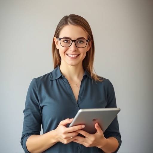 Portret van Lisa Jansen, de marketing manager van Lichtspiegel Fotografie, een jonge vrouw met een professionele uitstraling en een tablet in haar hand.